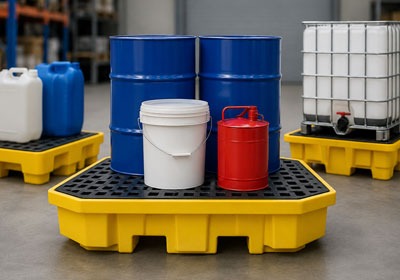 Spill containment pallet storing industrial drums safely in warehouse