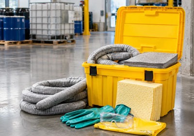 Open yellow spill response kit with absorbent socks and safety gear.
